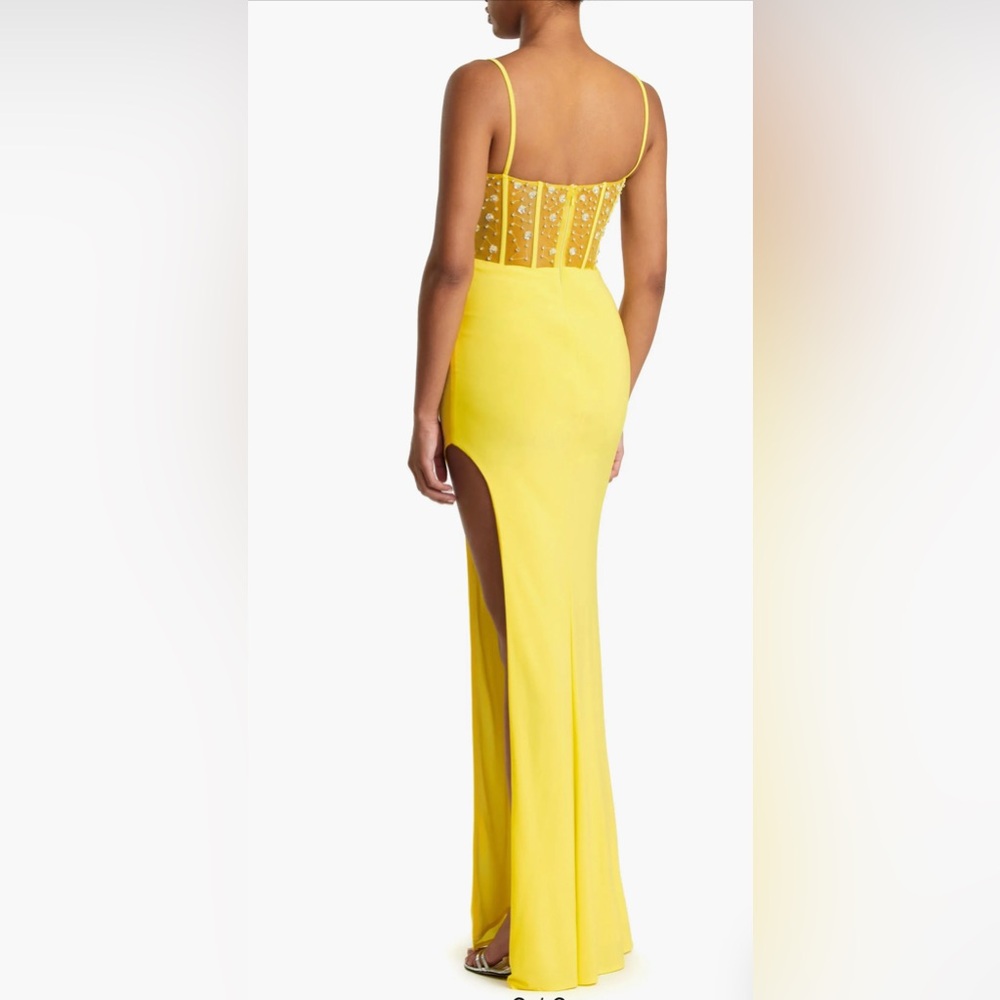 Mac Duggal beaded bustier gown with slit in lemon
